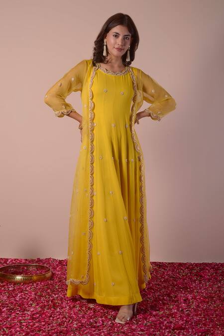 Shop_Surabhi Arya_Yellow Georgette, Organza Beads, Zari Floral Embroidered Anarkali With Jacket _Online_at_Aza_Fashions