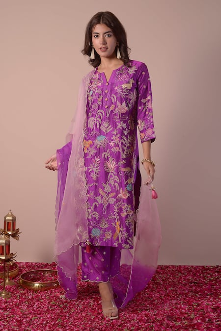 Surabhi Arya Purple Kurta And Pant Pure Silk Embroidery Zari Floral Jaal Set For Women