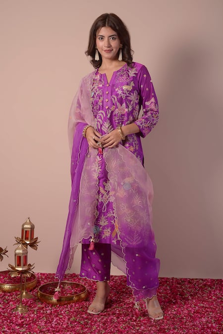 Surabhi Arya_Purple Silk, Organza Embroidery, Gota Patti, Zari, Beads Floral Jaal Kurta Set _Online_at_Aza_Fashions