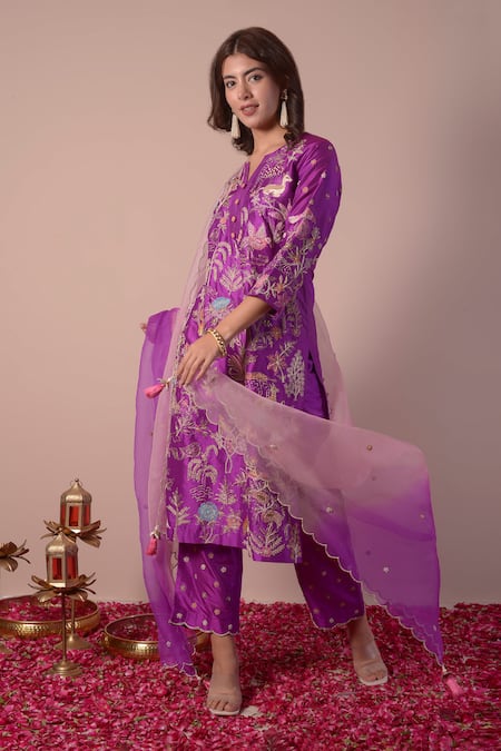 Buy_Surabhi Arya_Purple Silk, Organza Embroidery, Gota Patti, Zari, Beads Floral Jaal Kurta Set _Online_at_Aza_Fashions