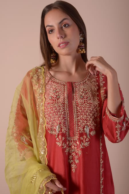 Shop_Surabhi Arya_Red Silk, Chanderi, Organza Beads, Zari Round Neck Embroidered Kurta Set _Online_at_Aza_Fashions