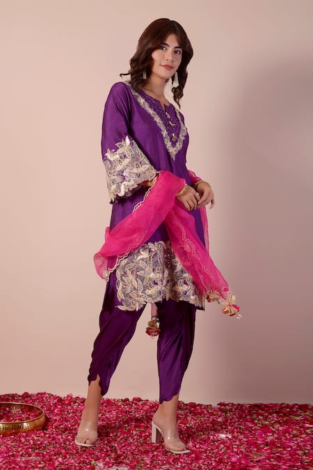 Shop_Surabhi Arya_Purple Bamboo, Organza, Silk Sequins, Embroidery, Zari Split Neckline Kurta Set _Online_at_Aza_Fashions
