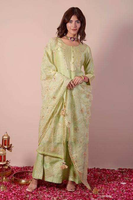 Surabhi Arya_Green Bamboo, Organza Gota Patti Round Neck Work Kurta Sharara Set _Online_at_Aza_Fashions