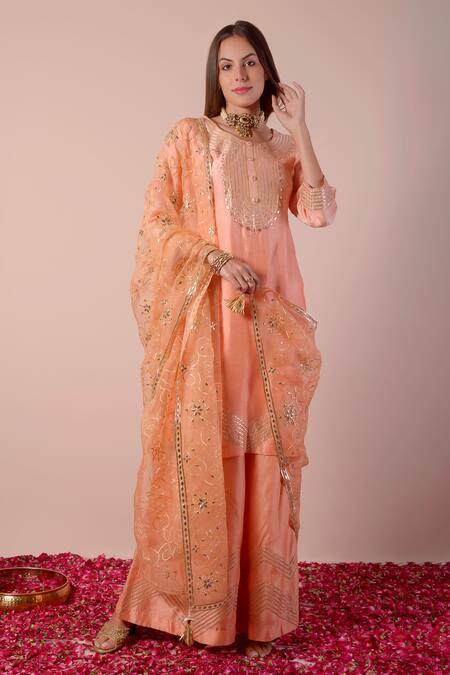 Surabhi Arya_Peach Bamboo, Organza Embroidery, Gota Patti Round Neck Kurta Sharara Set _Online_at_Aza_Fashions