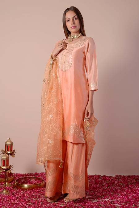 Shop_Surabhi Arya_Peach Bamboo, Organza Embroidery, Gota Patti Round Neck Kurta Sharara Set _Online_at_Aza_Fashions