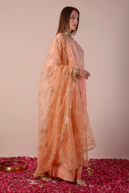 Surabhi Arya_Peach Bamboo, Organza Embroidery, Gota Patti Round Neck Kurta Sharara Set _at_Aza_Fashions