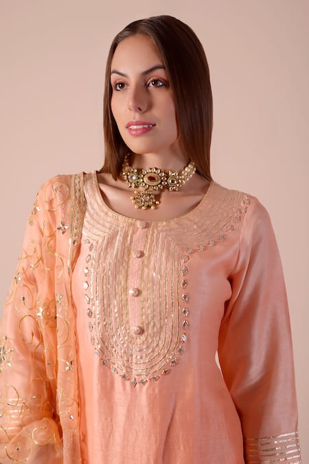 Buy_Surabhi Arya_Peach Bamboo, Organza Embroidery, Gota Patti Round Neck Kurta Sharara Set 