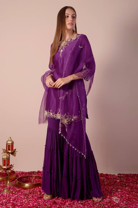 Buy_Surabhi Arya_Purple Silk, Georgette, Organza Sequins, Beads, Cut Work, Embroidery Kurta Set _Online_at_Aza_Fashions
