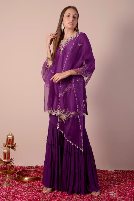 Shop_Surabhi Arya_Purple Silk, Georgette, Organza Sequins, Beads, Cut Work, Embroidery Kurta Set _Online_at_Aza_Fashions