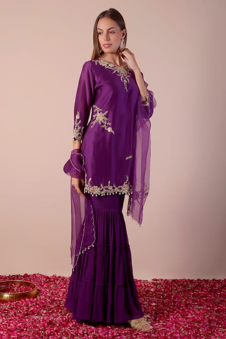 Surabhi Arya_Purple Silk, Georgette, Organza Sequins, Beads, Cut Work, Embroidery Kurta Set _at_Aza_Fashions