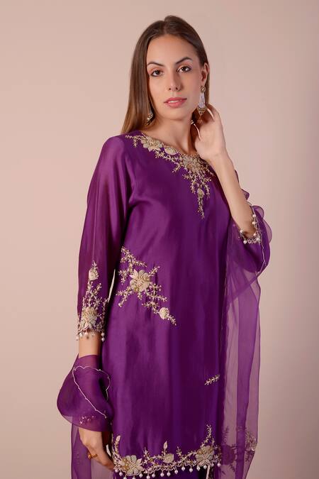 Buy_Surabhi Arya_Purple Silk, Georgette, Organza Sequins, Beads, Cut Work, Embroidery Kurta Set 