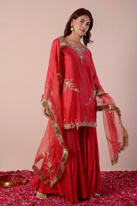 Shop_Surabhi Arya_Red Silk, Georgette, Organza Cut Work, Sequins, Neckline Embroidered Kurta Set _Online_at_Aza_Fashions