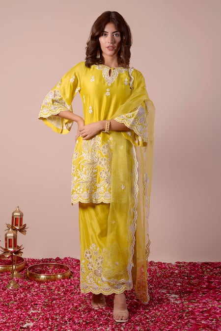Surabhi Arya_Yellow Silk, Chanderi, Organza Embroidery Keyhole Neck Dori Kurta Set _Online_at_Aza_Fashions