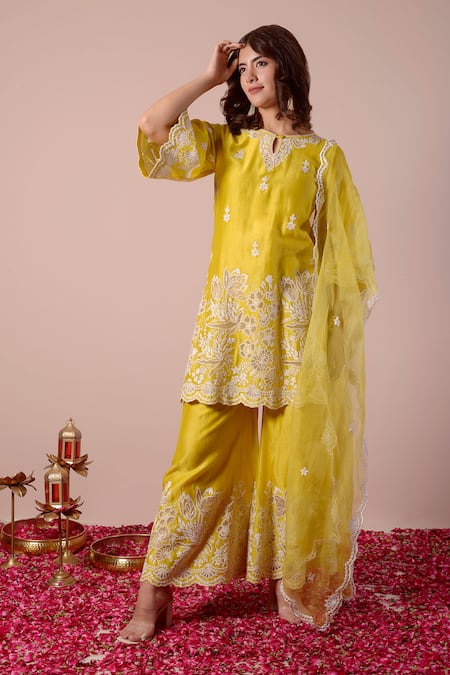 Buy_Surabhi Arya_Yellow Silk, Chanderi, Organza Embroidery Keyhole Neck Dori Kurta Set _Online_at_Aza_Fashions