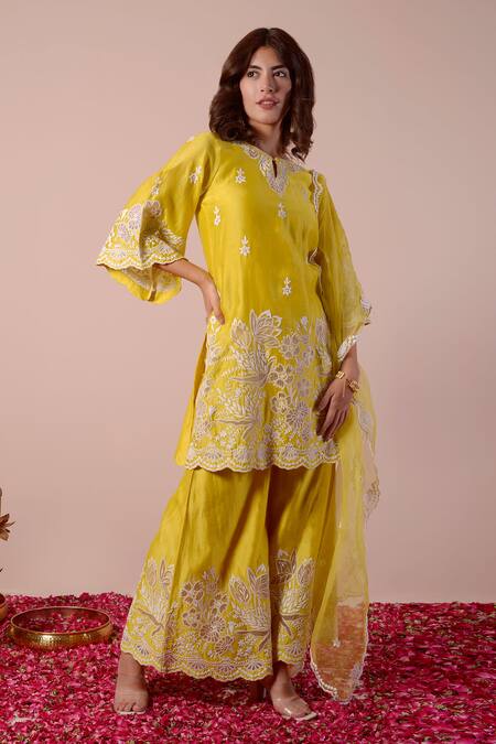 Shop_Surabhi Arya_Yellow Silk, Chanderi, Organza Embroidery Keyhole Neck Dori Kurta Set _Online_at_Aza_Fashions