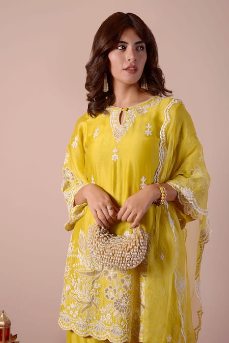 Surabhi Arya_Yellow Silk, Chanderi, Organza Embroidery Keyhole Neck Dori Kurta Set _at_Aza_Fashions