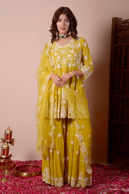 Buy_Surabhi Arya_Yellow Silk, Chanderi, Organza Embroidery Scoop Neck Dori Kurta Gharara Set _Online_at_Aza_Fashions