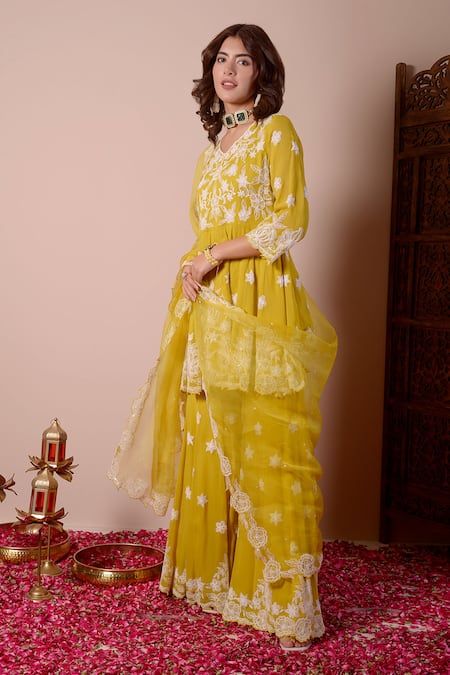 Shop_Surabhi Arya_Yellow Silk, Chanderi, Organza Embroidery Scoop Neck Dori Kurta Gharara Set _Online_at_Aza_Fashions