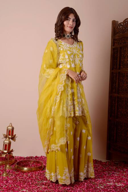 Surabhi Arya_Yellow Silk, Chanderi, Organza Embroidery Scoop Neck Dori Kurta Gharara Set _at_Aza_Fashions