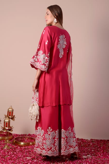 Shop_Surabhi Arya_Red Silk, Chanderi, Organza Diamonds, Embroidery Dori Work Kurta Gharara Set _at_Aza_Fashions