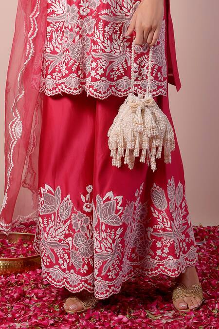 Buy_Surabhi Arya_Red Silk, Chanderi, Organza Diamonds, Embroidery Dori Work Kurta Gharara Set _Online_at_Aza_Fashions