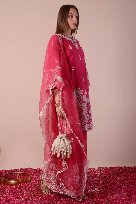 Shop_Surabhi Arya_Red Silk, Chanderi, Organza Diamonds, Embroidery Dori Work Kurta Gharara Set _Online_at_Aza_Fashions