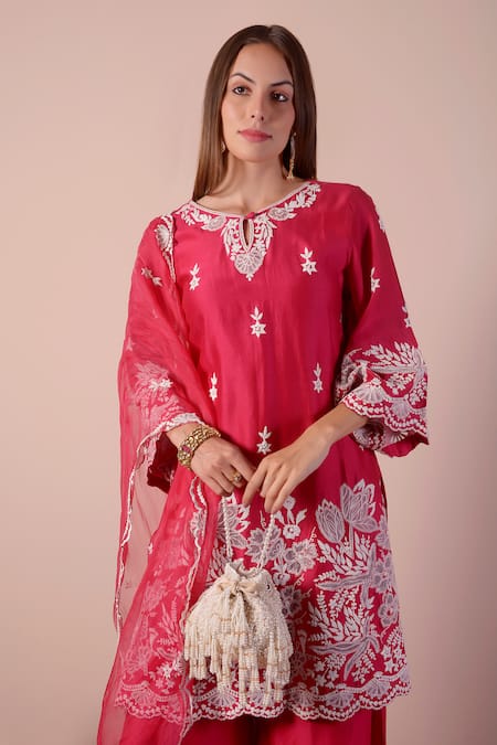 Surabhi Arya_Red Silk, Chanderi, Organza Diamonds, Embroidery Dori Work Kurta Gharara Set _at_Aza_Fashions