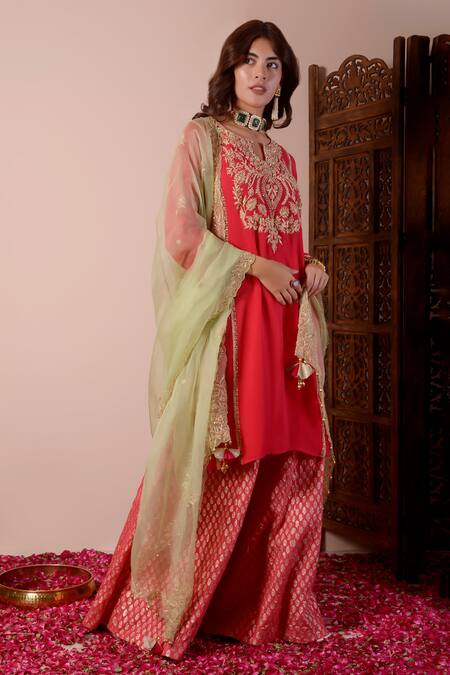 Buy_Surabhi Arya_Red Georgette, Brocade, Organza Gota Patti, Sequins, Zari, Kurta Sharara Set _Online_at_Aza_Fashions