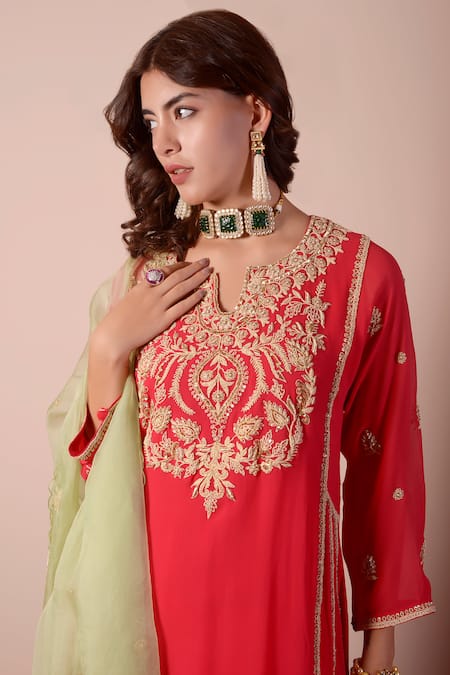 Surabhi Arya_Red Georgette, Brocade, Organza Gota Patti, Sequins, Zari, Kurta Sharara Set _at_Aza_Fashions