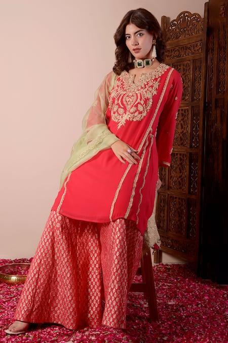 Buy_Surabhi Arya_Red Georgette, Brocade, Organza Gota Patti, Sequins, Zari, Kurta Sharara Set 
