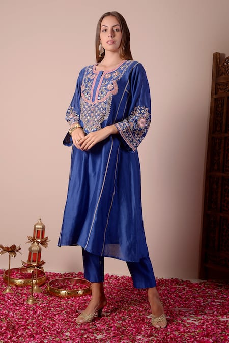 Buy_Surabhi Arya_Blue Silk, Chanderi Sequins, Zari Round Neck Embroidered Kurta And Pant Set _Online_at_Aza_Fashions