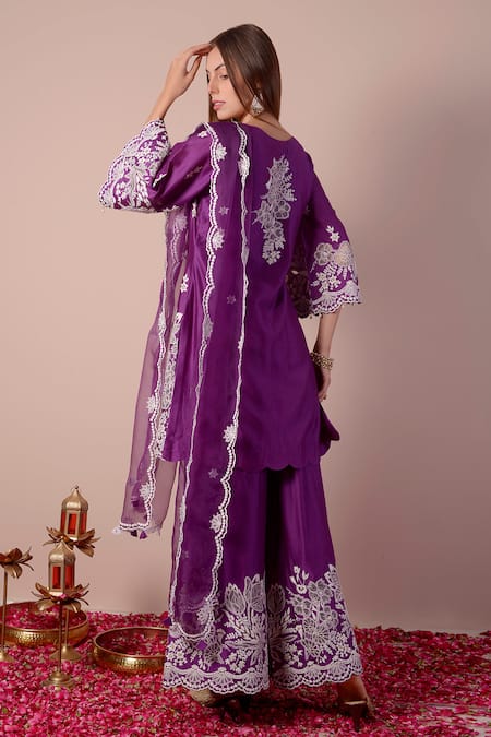 Shop_Surabhi Arya_Purple Silk, Chanderi, Organza Embroidery, Floral Patchwork Kurta Sharara Set _at_Aza_Fashions