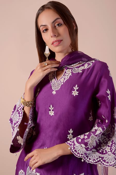 Surabhi Arya_Purple Silk, Chanderi, Organza Embroidery, Floral Patchwork Kurta Sharara Set _Online_at_Aza_Fashions