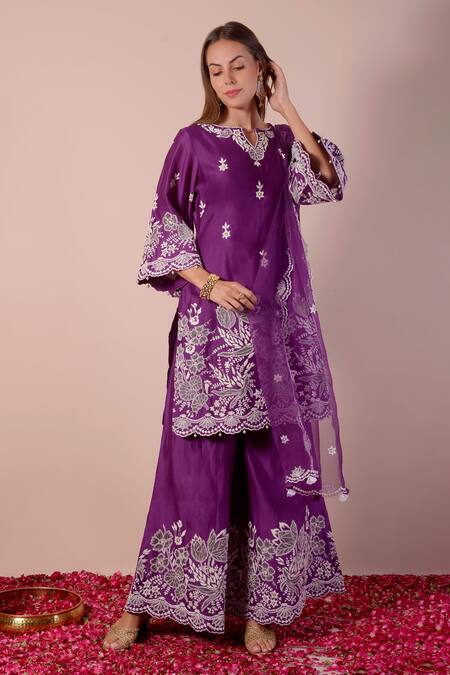 Buy_Surabhi Arya_Purple Silk, Chanderi, Organza Embroidery, Floral Patchwork Kurta Sharara Set _Online_at_Aza_Fashions