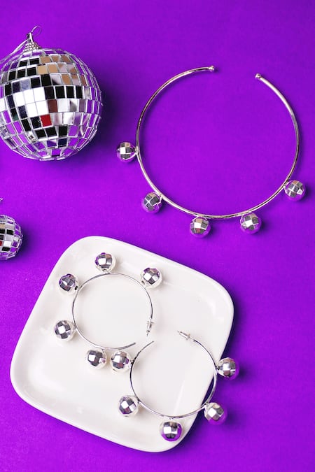 Shop_Varnika Arora_Silver Plated Disco Ball Textured Choker _at_Aza_Fashions