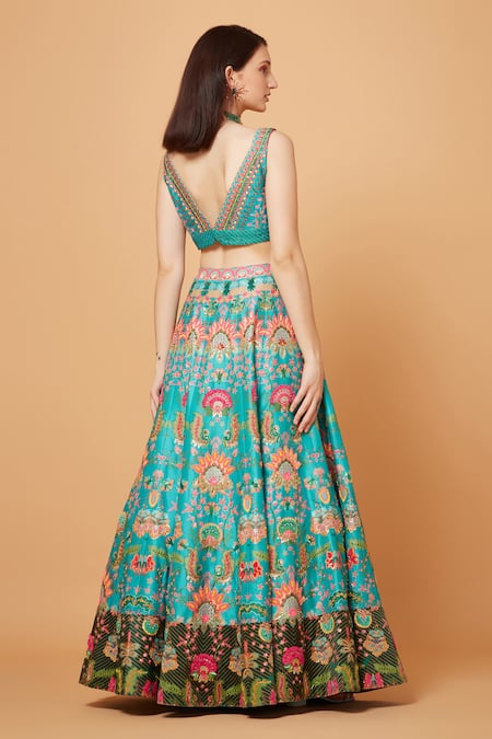 Shop_Siddhartha Bansal_Green Silk Organza, Suede, Velvet, Fleur Carnival Embroidered Lehenga Blouse Set _at_Aza_Fashions