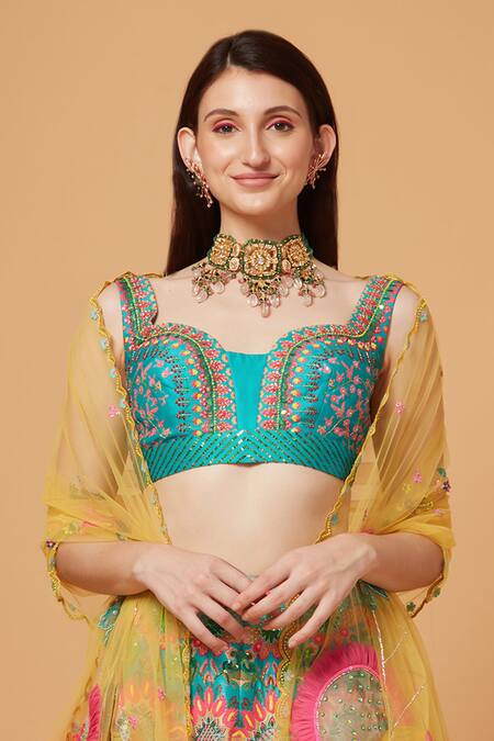 Siddhartha Bansal_Green Silk Organza, Suede, Velvet, Fleur Carnival Embroidered Lehenga Blouse Set _Online_at_Aza_Fashions