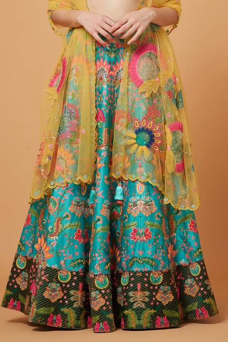 Buy_Siddhartha Bansal_Green Silk Organza, Suede, Velvet, Fleur Carnival Embroidered Lehenga Blouse Set _Online_at_Aza_Fashions