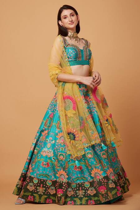 Shop_Siddhartha Bansal_Green Silk Organza, Suede, Velvet, Fleur Carnival Embroidered Lehenga Blouse Set _Online_at_Aza_Fashions