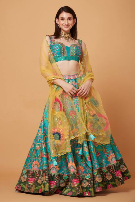 Siddhartha Bansal_Green Silk Organza, Suede, Velvet, Fleur Carnival Embroidered Lehenga Blouse Set _at_Aza_Fashions