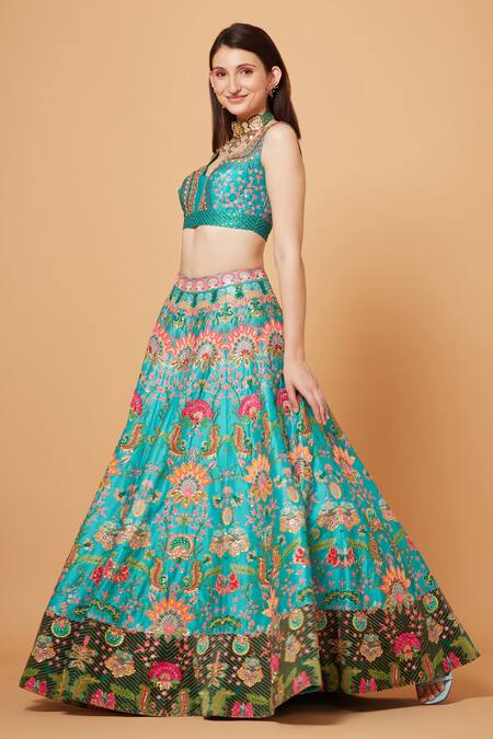 Buy_Siddhartha Bansal_Green Silk Organza, Suede, Velvet, Fleur Carnival Embroidered Lehenga Blouse Set 