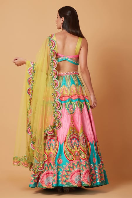 Shop_Siddhartha Bansal_Pink Denim, Net Sequins, Beads, Cut Work, Soul Heart Lehenga Blouse Set _at_Aza_Fashions