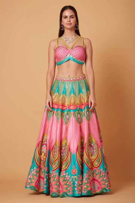 Siddhartha Bansal_Pink Denim, Net Sequins, Beads, Cut Work, Soul Heart Lehenga Blouse Set _Online_at_Aza_Fashions