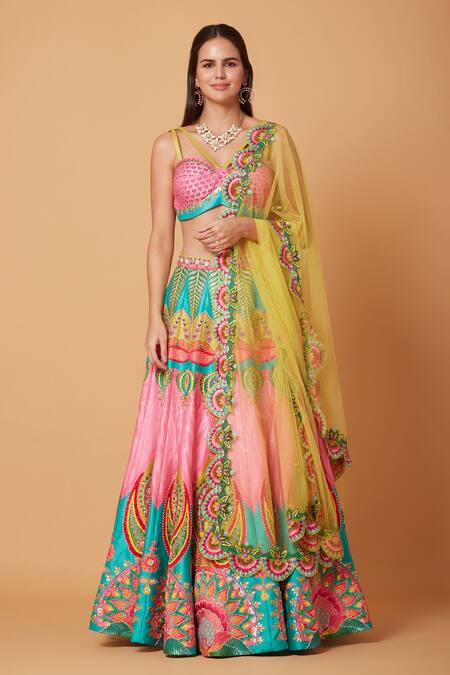 Shop_Siddhartha Bansal_Pink Denim, Net Sequins, Beads, Cut Work, Soul Heart Lehenga Blouse Set _Online_at_Aza_Fashions