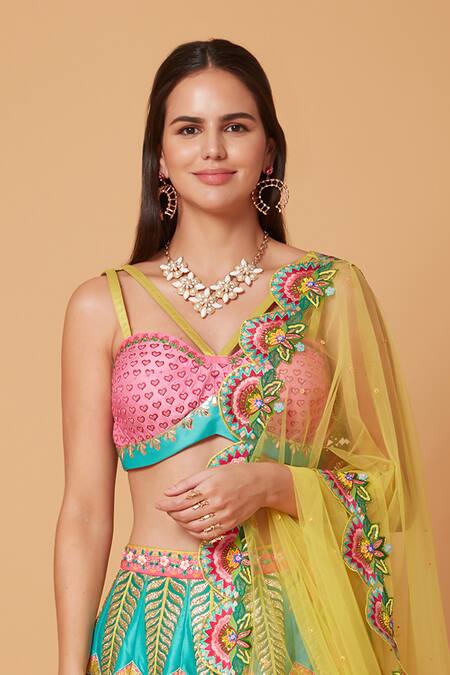 Siddhartha Bansal_Pink Denim, Net Sequins, Beads, Cut Work, Soul Heart Lehenga Blouse Set _at_Aza_Fashions