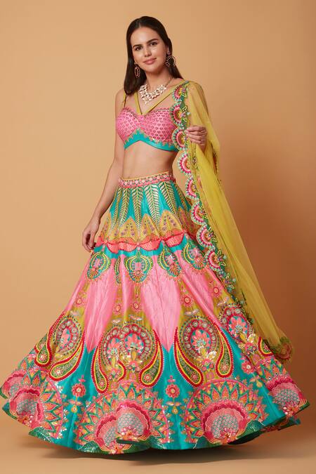 Buy_Siddhartha Bansal_Pink Denim, Net Sequins, Beads, Cut Work, Soul Heart Lehenga Blouse Set 