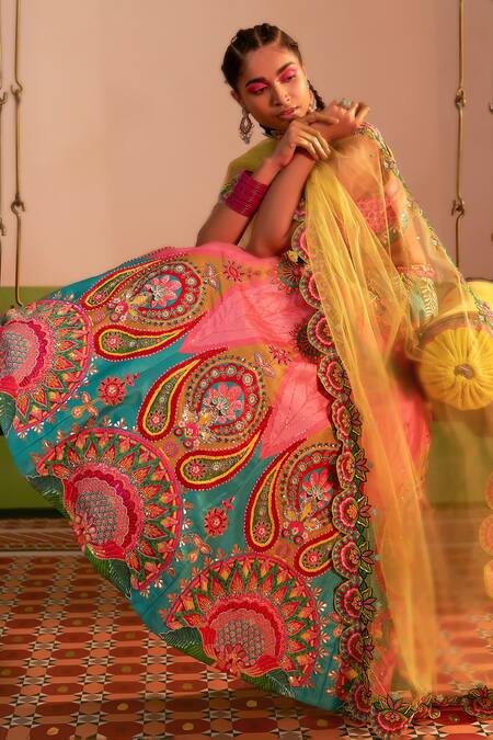 Shop_Siddhartha Bansal_Pink Denim, Net Sequins, Beads, Cut Work, Soul Heart Lehenga Blouse Set 