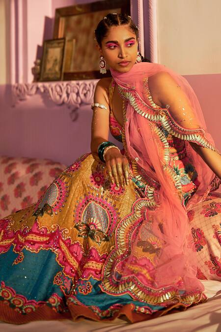 Buy_Siddhartha Bansal_Yellow Silk, Net Sequins, Heavenly Baroque Embroidered Lehenga Blouse Set 
