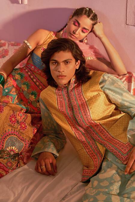 Shop_Siddhartha Bansal_Yellow Silk, Net Sequins, Heavenly Baroque Embroidered Lehenga Blouse Set 