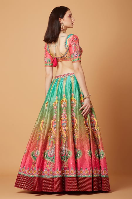 Shop_Siddhartha Bansal_Pink Silk Organza, Suede, Paisley Calico Bloom Embroidered Lehenga Blouse Set _at_Aza_Fashions